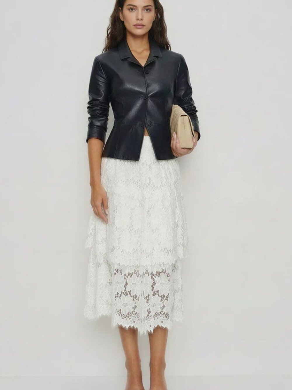 New York & Company Tiered Cream Lace Maxi Skirt - M